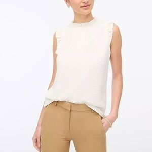 J. Crew Crisp White Swiss Dot Ruffled Mandarin Collar Sleeveless Blouse